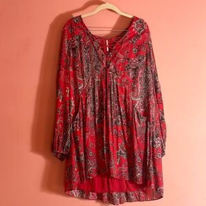 Free People Mini DressTunic, red with pattern. Medium.